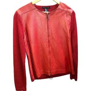 Maurice Sasson Red Leather Cotton‎ Knit Zip Front Jacket 90s Minimalist Womens M